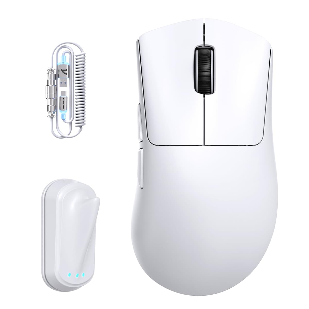 ATTACK SHARK V8 Ratón de Juego Inalámbrico con Cable Espiral LED, Nordic 54L15 Chip, PAW3950MAX, 42000DPI, Dual 8000Hz, 59g Ligero, Diseño Dongle Aleta de Tiburón, 2.4Ghz/BT/Cableado para PC, Blanco