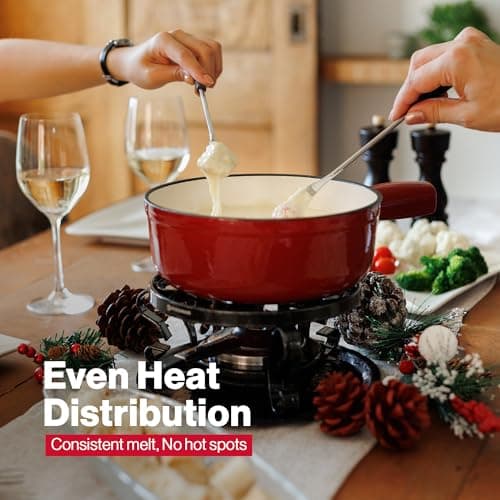 Swissmar Lugano Cast Iron Cheese Fondue Set, 9-Piece, 2 QT / 2 L - Ideal for Melting Cheese, Chocolates, Caramel, & More - Perfect for Kitchen Collection & Gift Giving - Cherry Red — view 3