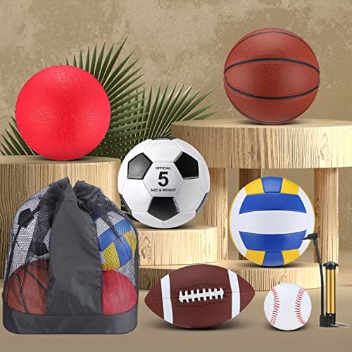 Leyndo 18 Pcs Sport Balls Bulk Set Basketball Football Volleyball Soccer Playground Baseball with Sport Equipment Bag Pump for Adults Gifts Outdoor Indoor(Brown) — view 3