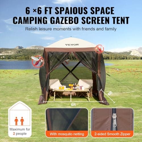 VEVOR Pop Up Gazebo Tent, Pop-Up Screen Tent 4 Sided Canopy Sun Shelter with 4 Removable Privacy Wind Cloths & Mesh Windows, 6x6FT Quick Set Screen Tents with Netting, Brown — view 6