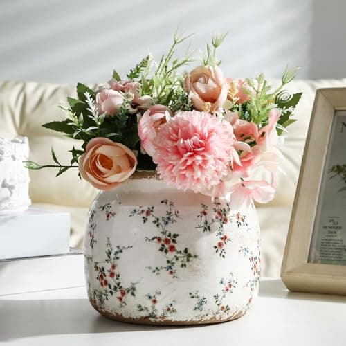 Ninehaoou Vintage Planter Large Ceramic Plants Pot Beige Red Rustic Floral Ice Crack Cottage Scroll Vase Flower Vase Pot Indoor Plants Home Kitchen Decor Farmhouse Antique Decorative Gifts — view 4
