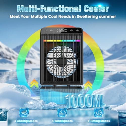 Portable Air Conditioners, Evaporative Mini Room Air Conditioner Cooling Fan, 2~12H Timer, AC Unit Air Cooler with 1000ML Water Tank, AC Portable for Room, Office, Car (Black) — view 2
