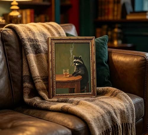 Vintage Gold Framed Smoking Raccoon Wall Art,Moody Dark Funny Animal Whiskey Cigar Canvas Print,Humor Funny Raccoon Wall Decor,Retro Bar Cart Poster Artwork,for Study Living Office Bar Decor — view 3