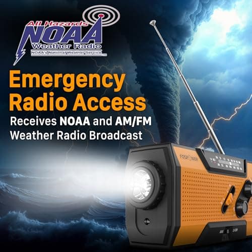 FosPower NOAA Emergency Weather Radio A1 7400mWh Portable Power Bank, AM/FM, USB/Solar/Hand Crank Charging, Battery Operated, SOS Alarm & Flashlight for Indoor/Outdoor Emergency - Orange
