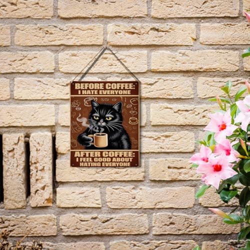 Before Coffee I Hate Everyone After Coffee I Feel Good About Hating Everyone Black Cat Hanging Plaque, 6.7 x 10 Inches Funny Wall Decor for Kitchen, Office, Home — view 2