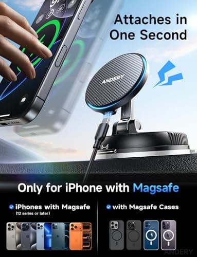 ANDERY Only for iPhone Magsafe Car Mount Charger [15W Fast Wireless Charge, 78+LBS Strong Suction & 2400gf Magnetic] 360° Adjustable Car Phone Holder, Phone Holders for Your Car Dash Accents Accessory — view 6