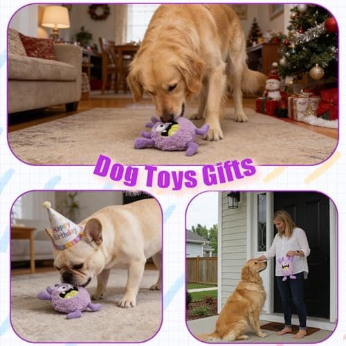 HUGEME Plush Squeaky Dog Toy, Crinkle Stuffed Dog Toy Keep Them Busy Tug of War Birthday Dog Chew Toy for Small Medium Large Dogs (Purple) — view 3