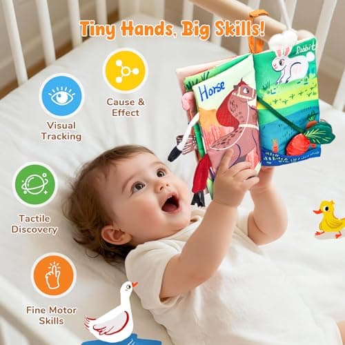 JoyCat Baby Books 0-6-12 Months - Farm Tail Tummy Time Toys - Sensory Touch & Feel Crinkle Cloth Book with Detachable Duck - Newborn Easter Basket Stuffers — view 5