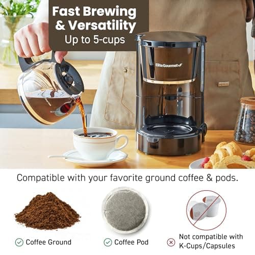 Elite Gourmet EHC-5055 Automatic 5-Cup Brew & Drip Coffee Maker with Pause N Serve Reusable Filter, On/Off Switch, Water Level Indicator — view 4
