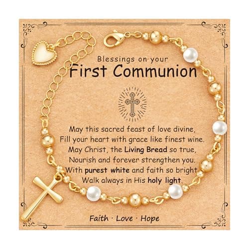 Jesvo First Communion Gifts for Girls, Pearl Cross 1st First Holy Communion Bracelet Tween Catholic Christian Religious Jewelry for Teens Teenage Kids