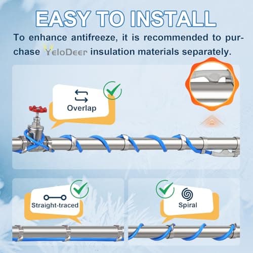 24 FT Heating Cable for Water Pipes with Upgraded Thermostat, Heat Trace for Metal and Plastic Home Water Pipes YeloDeer, 120 V Electric Pipe Heat Cable for Pipe Freeze Protection — view 5