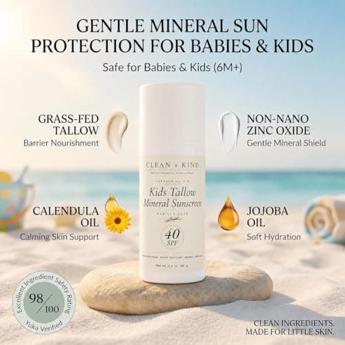 Clean + Kind Kids Sunscreen Mineral SPF 40 Vanilla — Non Toxic Baby & Toddler Sunblock with Non-Nano Zinc Oxide, Grass-Fed Tallow, Natural Reef-Safe Sun Lotion, No White Cast for Sensitive Skin
