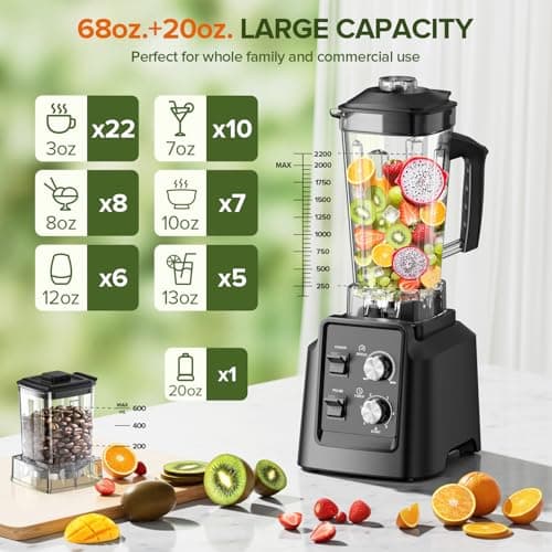 Blender, 1800W Blender with Grinder - 6-Blade Professional Smoothie Blenders for Kitchen, Crushes Ice, Self-Cleaning, 68oz & 20oz Jars Dishwasher Safe, for Baby Food, Nut Butter — view 2