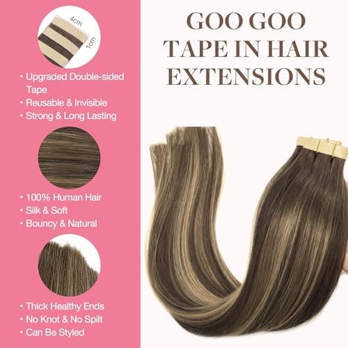 GOO GOO Tape in Hair Extensions human hair, tape Hair Extensions, 20inch 50g 20pcs, Human Hair Extensions, 4/26/4 Chocolate Brown to Honey Blonde