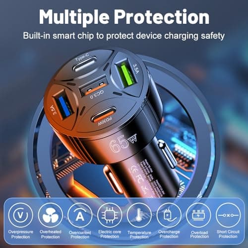 Alanph Super Fast Charging USB-C Car Charger Adapter, 65W 5-in-1 Multi-Port PD30W & QC3.0 Cigarette Lighter USB Charger for iPhone/Android/Samsung/iPad Pro (Black) — view 2