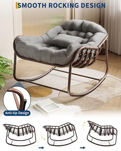 Garvee Oversized Outdoor Rocking Chair, Comfy Papasan Rocker, Egg Chair Rocker Fauteuil Bercant interieur for Patio, Garden, Bedroom, Porch, Lawn, Gray — view 4