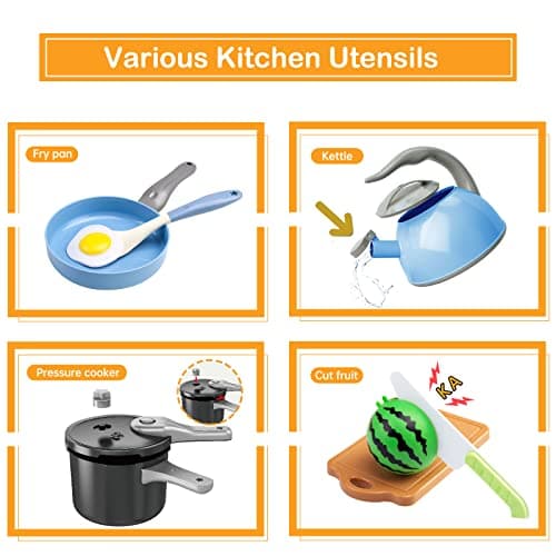 130Pcs Kitchen Playset, Toddler Pretend Cooking Play Pots, Pans, Utensils Cookware, Daily Food Fruit Veges, Shopping Storage Basket, Dessert, Prop Money, Learning Gift for Child (Blue) — view 3