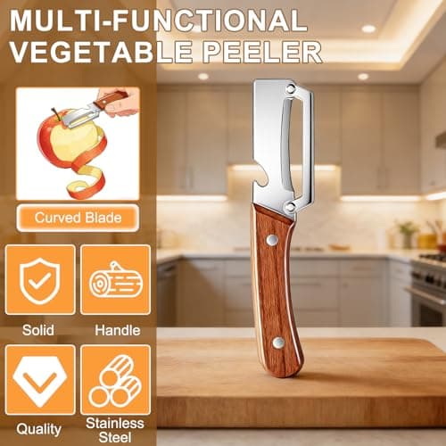 2PCS Multi Functional Premium Vegetable Peeler with Wooden Handle and Bottle Opener,Stainless Steel Blade Kitchen Tool for Fruit Apple Potato Pumpkin Papaya Carrot — view 7