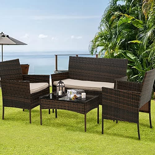 BestOffice Patio Furniture 4 Pieces Outdoor Indoor Use Rattan Chairs Wicker Patio Loveseats Conversation Sets with Table and Beige Cushions for Backyard Lawn Porch Garden Balcony,Brown