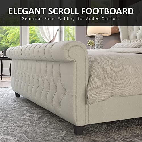 AMERLIFE King Size Platform Bed Frame, Chenille Upholstered Sleigh Bed with Scroll Wingback Headboard & Footboard/Button Tufted/No Box Spring Required/Cream — view 4