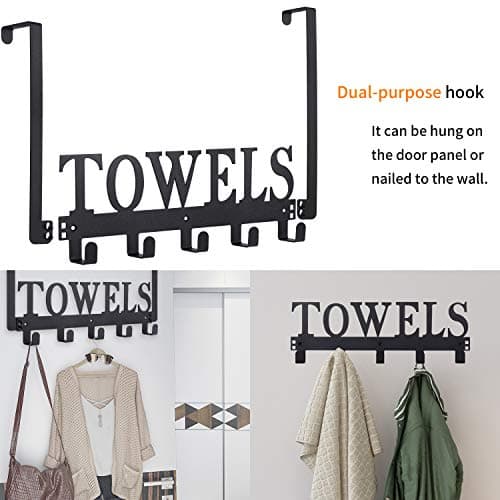 Kuhome Over The Door Hooks, Towel Holder for Bathroom, Door Mount Towel Rack Towel Hooks for Bedroom Beach Towels Bathrobe Wall Mount Hang on The Door Cabinet Cupboard Metal Sandblasted (Black) — view 2