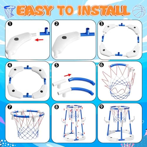 Pool Basketball Hoop,2-in-1 Floating Pool Basketball Toys with 4 Balls,12 Rings&Pump, Basketball & Ring Toss Swimming Pool Games, Summer Outdoor Water Play Toy for Kids 4-8 8-12,Blue — view 4