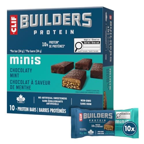 CLIF BUILDERS Mini Protein Bars, Chocolate Mint Flavour, 10g of Protein, Prepared in Canada, Gluten Free, No Artificial Sweeteners, 34 g (Pack of 10), Prepared in Canada