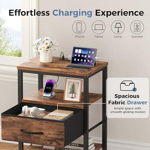 OLIXIS Nightstand with Charging Station, Beside Table with Fabric Drawer — view 3