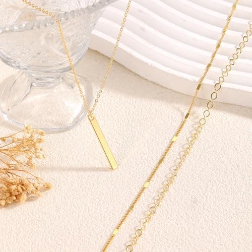 Remmocy Gold Necklace for Women Stackable 14K Gold Plated Layered Long Necklace Paperclip Flat Chain Bar Drop Cute Charm Accessories Non Tarnish Jewelry Set Gifts for Women — view 3