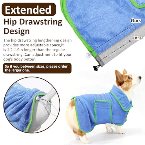 Soft Dog Bathrobe Fast Drying Dog Coat, Super Absorbent Dog Towels for After Bath, Microfiber Pet Robe Adjustable Collar & Belly Warm Keeping Dogs Coat for Pet Dogs & Cats (Blue, Medium) — view 5