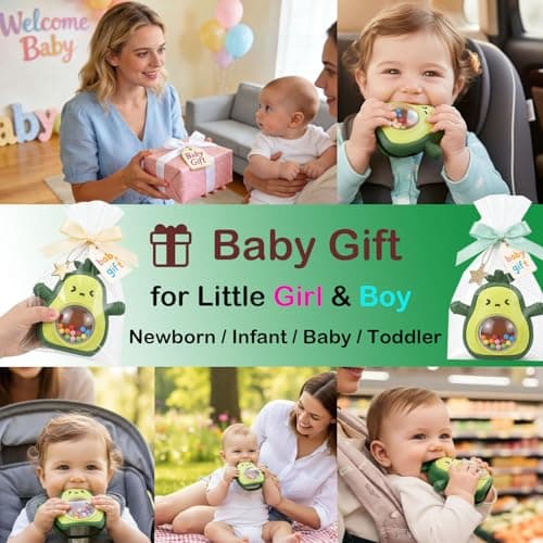 Baby Rattle Teething Toys Silicone Avocado Teething Mitten Sensory Toys for Grasping Chewing Sucking Hearing Needs-Baby Teether for Teething Relief-BPA Free Infant Toys Baby Shower Gifts (Green) — view 4