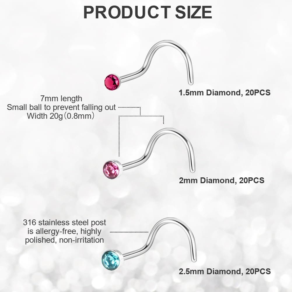 Aucuu Piercing Nariz Acero Quirurgico, Hipoalergénicos Piercing Nariz CZ Piercing Joyería, Tornillo/Recto/Forma de L Nariz Studs (1.5mm 2mm 2.5mm) — view 2