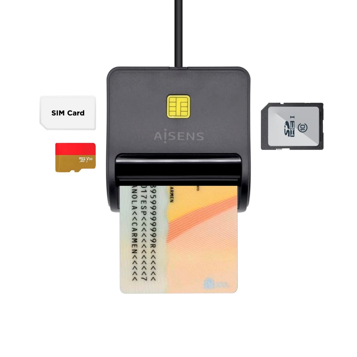 AISENS Lector de Tarjeta Inteligente DNI con Lector de Tarjetas SIM. SD. Micro SD. MMC. RS-MMC. MMC Micro. Negro