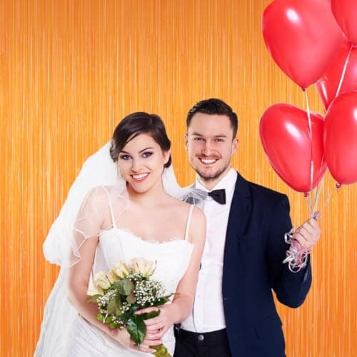 YUEXIZEXI 2 Pack Orange Foil Fringe Curtains, 3.3ft x 6.6ft Streamer Foil Curtain, Tinsel Backdrop for Birthday Party, Christmas Decor, Wedding Engagement Baby Shower Bachelorette Party Decorations — view 5