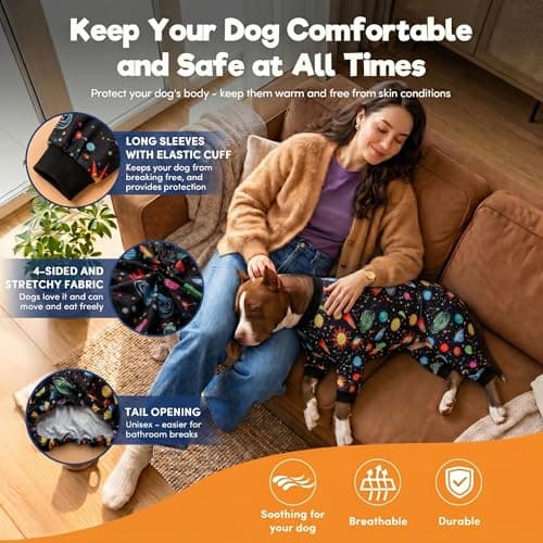 LovinPet Big Dogs Onesies: Big Dog Pajamas, Post Surgery/Wound Care, Lightweight Stretchy Fabric, Interstellar Black Print, Dog Jumpsuit, Anti Licking, Pet PJ's/Medium — view 4