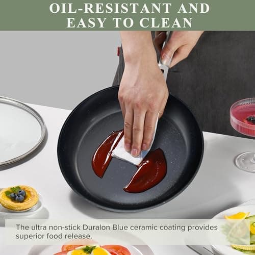 Nuwave Healthy Duralon Blue Ceramic Nonstick Cookware Set, Diamond Infused Scratch-Resistant, PFAS Free, Dishwasher & Oven Safe, Induction Ready & Evenly Heats, Tempered Glass Lids & Stay-Cool Handles — view 5