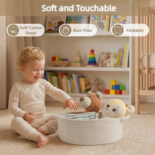 Optish Woven Basket, Gift Empty Basket with Bags and Ribbons, 13.5"x11"x5" Burr Rope Basket for Baby Shower, Durable Storage Basket with Handles for Nursery, Shelves, Toys, White — view 6