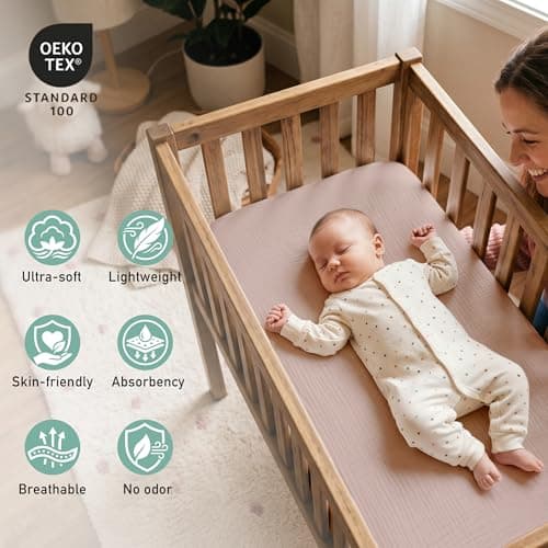 Muslin Bassinet Sheets 2 Pack, Soft Breathable Fitted Sheets for Bedside Sleeper Bassinet, 33x20 Inch, Snug Fit Baby Bassinet Mattress Cover for Newborn Boys Girls (Gentle Colors) — view 4