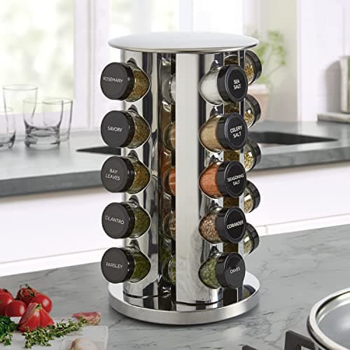 Kamenstein 20 Jar Revolving Countertop Spice Rack with Spices Included, FREE Spice Refills for 5 Years, Polished Stainless Steel with Black Caps, 30020 — view 5