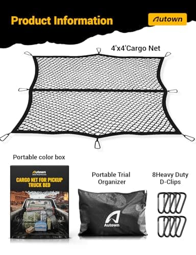 AUTOWN Cargo Net for Pickup Truck Bed - Stretchable 4'x4' to 7'x7', High Elastic Fine Mesh 1''x1'' with 8 Metal Carabiners - Ideal for ATV, SUV, UTV, Truck and Boat Use (Single Layer) — view 7