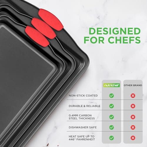 NutriChef 3‑Piece Nonstick Cookie Sheets – Carbon Steel Baking Sheet Set with Non Stick Coating & Red Silicone Handles – Oven Pans for Family Baking — view 5