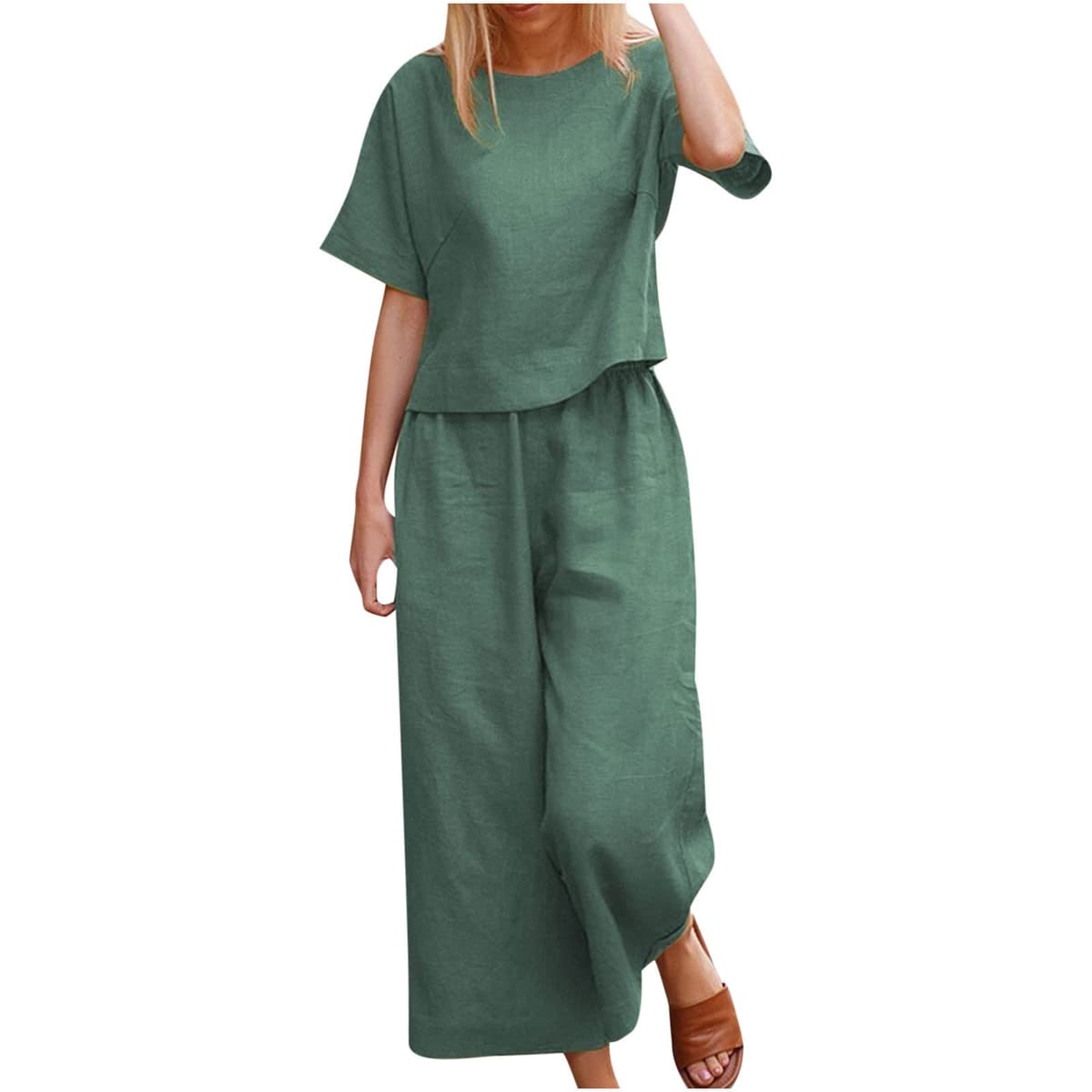 Womens 2 Piece Outfits Summer Linen Sets Short Sleeve V Neck Cropped Top Wide Leg Capris Pants Beach Lounge Sets — view 14