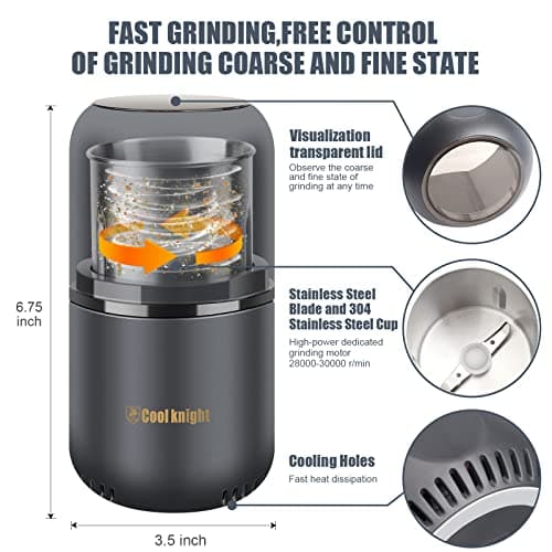 COOL KNIGHT Herb Grinder [large capacity/fast/Electric ]-Spice Herb Coffee Grinder with Pollen Catcher/- 7.5" (Grey) — view 4
