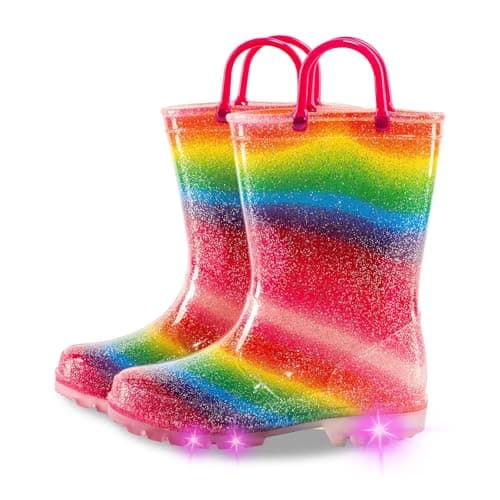 Toddler Rain Boots Kids Light Up Rain Boots for Girls Rainbow Waterproof Glitter Rainboot with Easy Pull On Handles, Little Kid Size 11