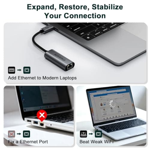 QGeeM USB C to Ethernet Adapter, 1000Mbps Gigabit RJ45 LAN Network Dongle, Thunderbolt 5/4/3 Compatible, Braided Nylon Aluminum Case for iPhone 17/16/15 Pro Max, MacBook Pro/Air M3/2, iPad, XPS - Gray — view 5