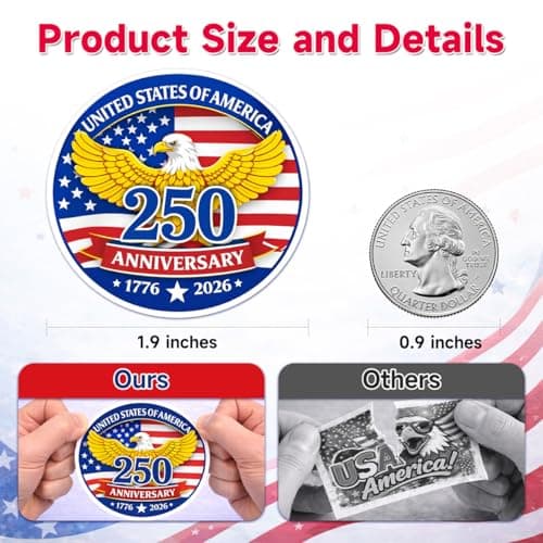 500 PCS 1.89" Patriotic 250th Independence Anniversary Stickers Roll Round American Flag Waterproof Decals Strong Adhesive Labels for Water Bottles Laptops 4th of July Party Decorations — view 2