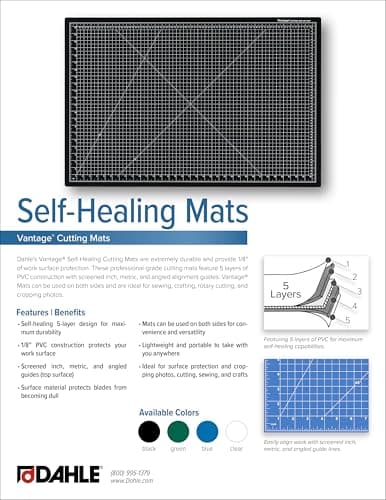 Dahle 10691 Vantage Self-Healing Cutting Mat, 12" x 18", Blue, 5 layer PVC Construction, 1/2" Grid Lines, Self Healing for Maximum Durability, Perfect for Cropping Photos, Cutting, Sewing, and Crafts — view 4