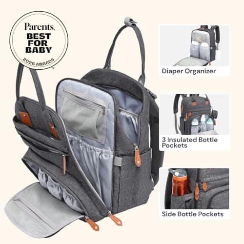 BabbleRoo Diaper Bag Backpack - Baby Essentials Travel Tote - Multi Function Water Resistant Diaper Bag, Travel Essentials Baby Bag with Changing Pad, Stroller Straps & Pacifier Case - Dark Gray — view 3
