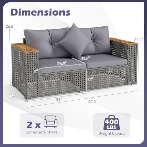 Tangkula 62.5" Large Patio Wicker Loveseat with Acacia Wood Armrests & Cup Holders, Outdoor 2-Piece Rattan Corner Sofa with Cushions, Sectional Conversation Set for Garden Backyard Porch Balcony, Grey — view 2