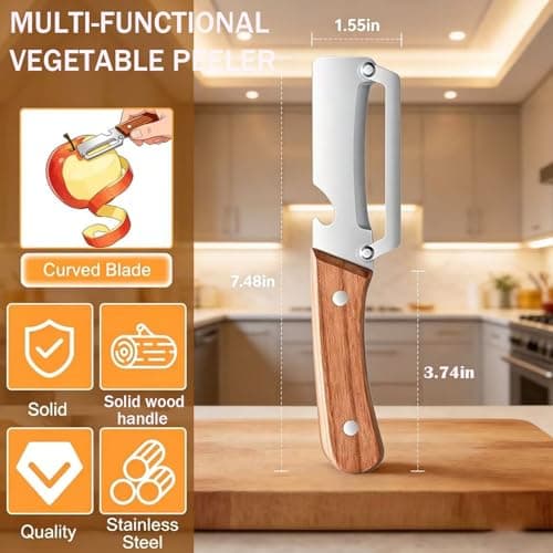 MultiFunctional Vegetable Peeler for Kitchen，Multifunctional Vegetable Peeler with Wooden Handle and Bottle Opener，2-in-1 Stainless Steel Kitchen Tool for Fruit Apple Potato Pumpkin Papaya (1) — view 5